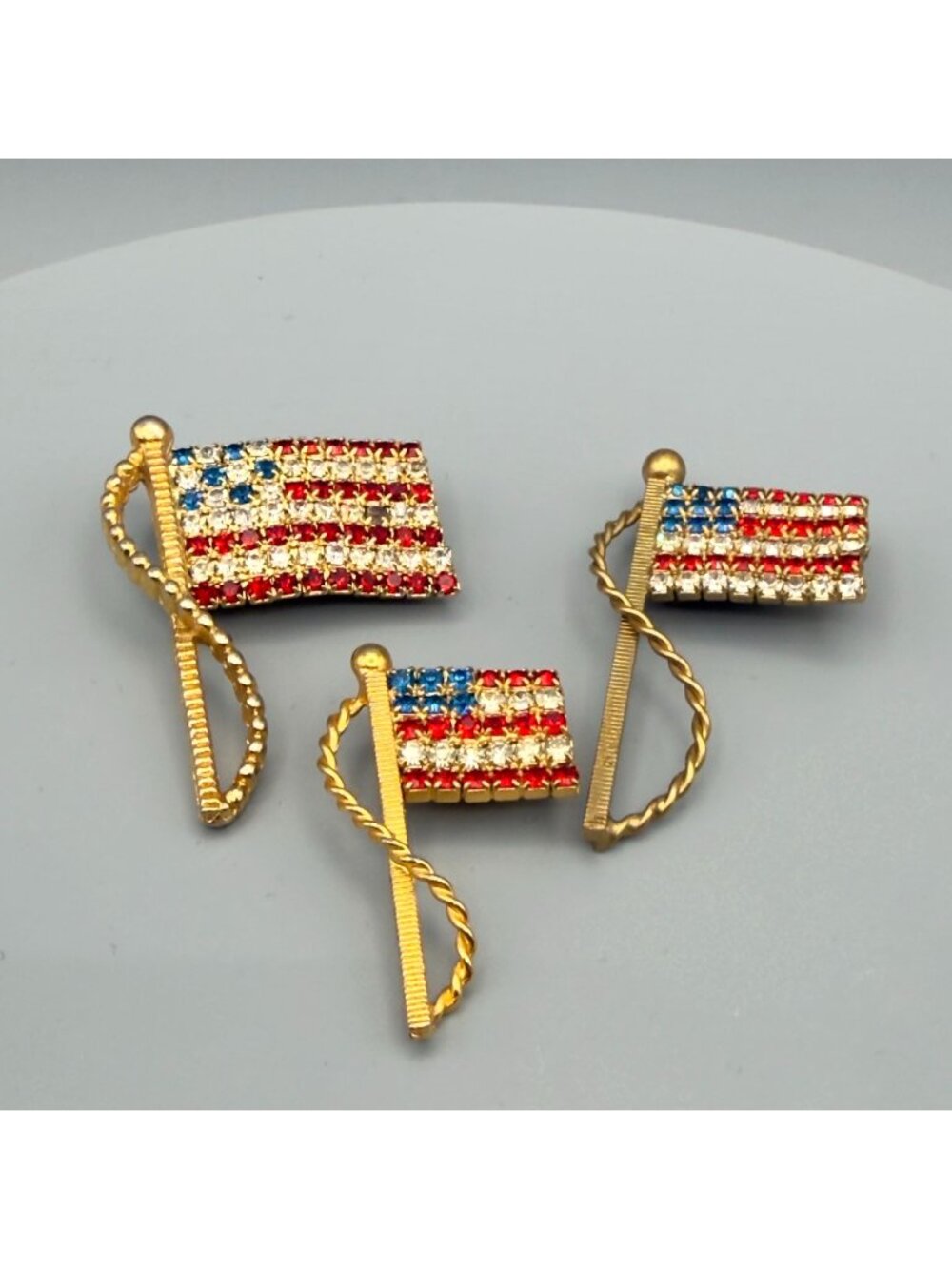 Patriotic Brooch Pins Lot Gold Tone American Flag Rhinestone